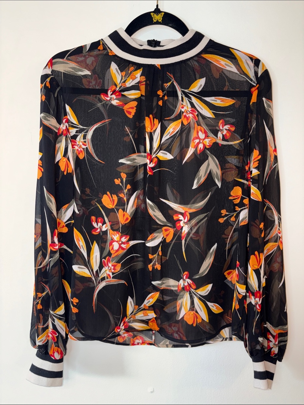 French Connection Black Sheer Floral Blouse with Striped Trim- Size 6
